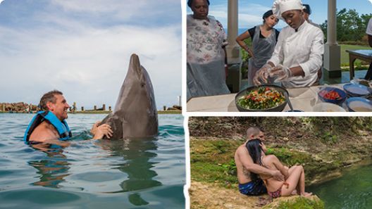Woman swim with Dolphin Encounter package in Jamaica Chef cooking tour Man and Woman in the Secret River