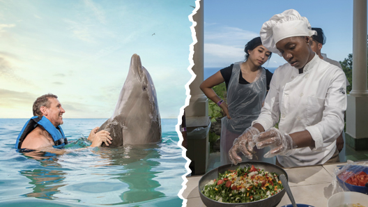 Girl with Dolphin in Jamaica Cooking Tour and couple hug in Secret Blue Hole Yaaman