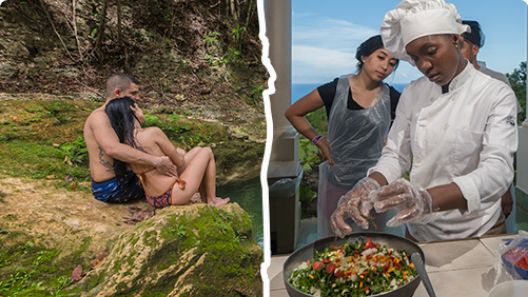 Man and Woman in the Secret River and Chef sharing the cooking tour Nyan and Splash package